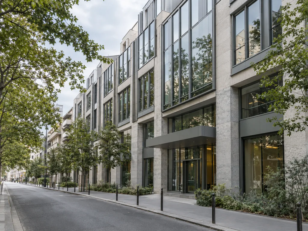 Illustration d’un immeuble contemporain en pierre et verre bordant une rue arborée